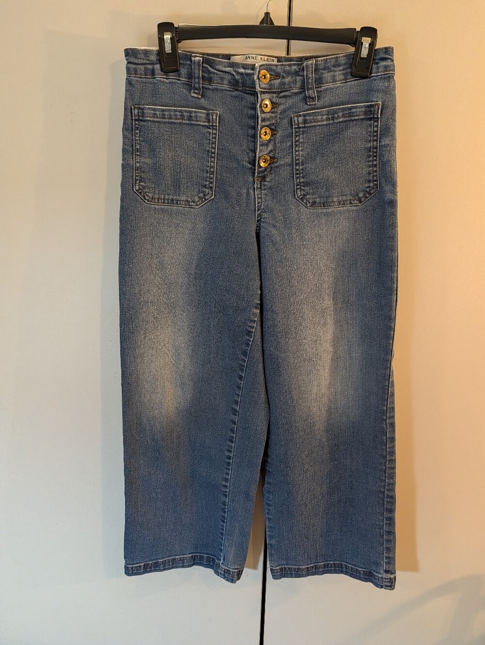 Anne Klein Medium Blue Cropped Wide Leg Patch Pocket Button-Fly Jeans Sz 8